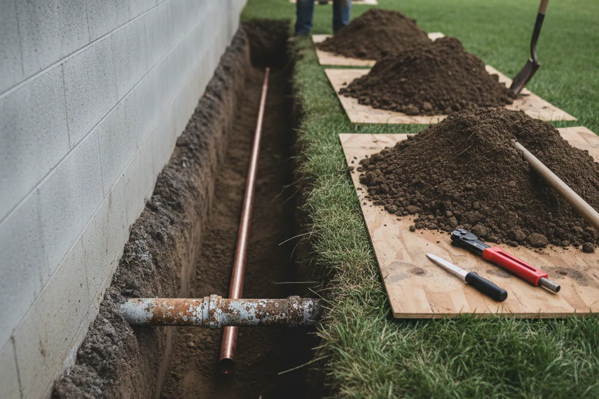 Excavated water line trench during Sewer Line Repair in Elizabethville